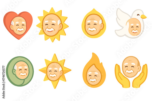 Elder Smiling Icons. Symbolic smiles isometric set. heart with elder smile, sun with elder smile, glowing aura elder, peace dove with elder smile, harmony circle elder, guiding