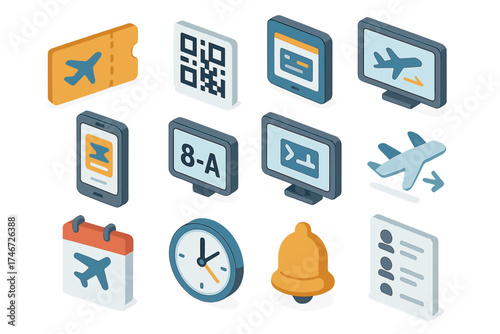 Modern Boarding Icons. Boarding UI isometric set. ticket icon, QR boarding code, digital boarding pass, phone with boarding ticket, seat number display, departure gate screen