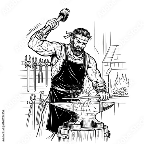 Blacksmith working hard, hammering metal on anvil, creating steel tools.
