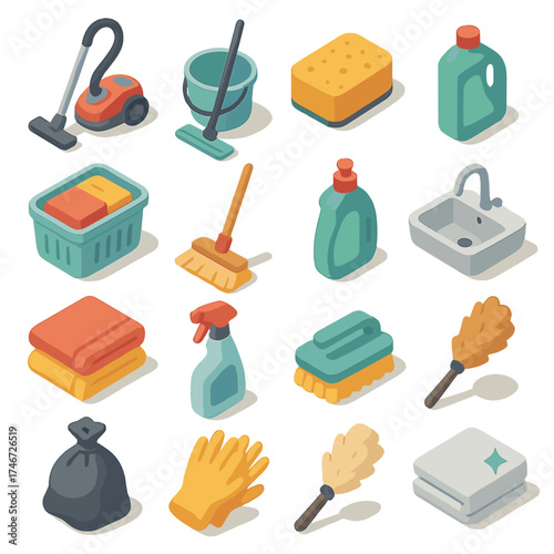 Home Cleaning Essentials. Home Hygiene isometric set. vacuum cleaner, mop, bucket, sponge, detergent bottle, laundry basket, broom, dish soap, sink, towel, cleaning spray, scrub