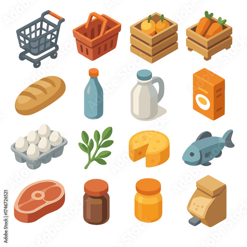 Isometric Grocery Icons. Shopping items isometric set. grocery cart, basket, fruit crate, vegetable crate, bread loaf, bottle, milk jug, cereal box, eggs, herbs, cheese wheel, fish