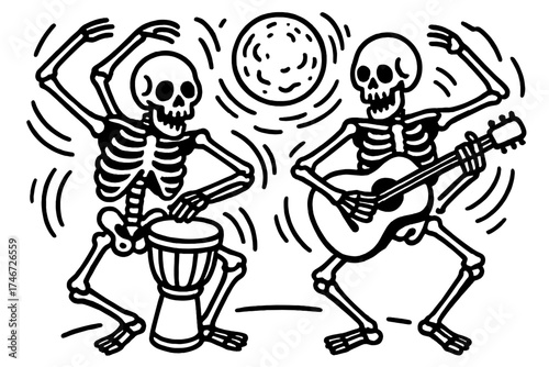 Skeleton Duet Dance. Skeleton dance outline set. skeleton duo, drum beat, guitar shape, swaying arms, spooky moon, echo lines