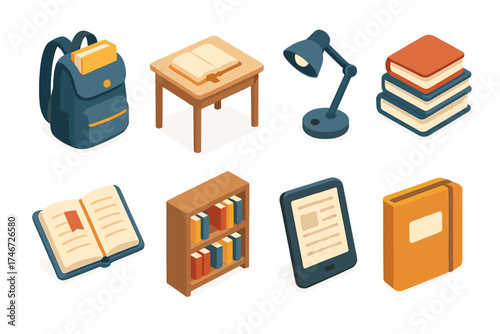 Isometric Learning Icons. Learning icons isometric set. backpack with book, school desk with book, reading lamp, stack of books, bookmark in book, library shelf, tablet reader