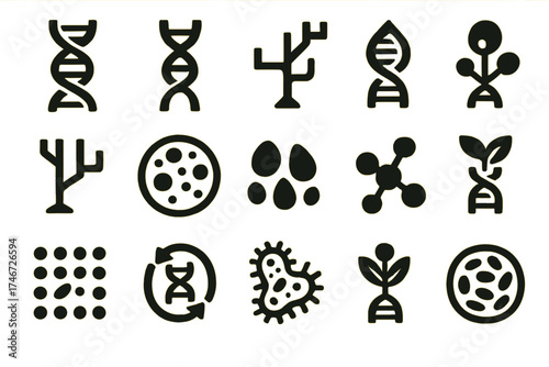 Genetic Diversity Icons. Genetic Diversity Icons silhouette set. DNA strand, chromosome, genetic tree, double helix leaf, evolutionary branch, petri dish, seed variety, molecular