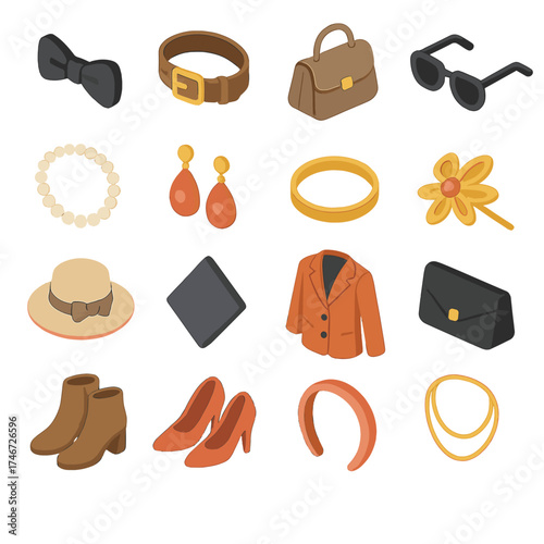 Fashion Icon Set. Fashion accents isometric set. bow tie, belt, handbag, sunglasses, necklace, earrings, bracelet, brooch, hat with ribbon, pocket square, stylish jacket, clutch