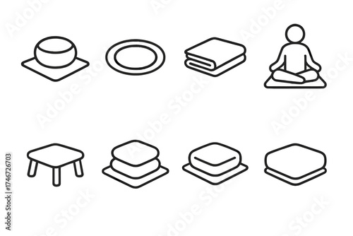 Meditation Icon Set. Spiritual seat outline set. floor mat with cushion, meditation circle, folded blanket seat, lotus posture, low stool, layered cushion, soft square mat, serene