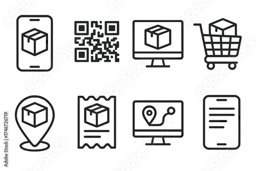 Digital Delivery Icons. Digital delivery outline set. app delivery icon, smartphone with package, QR code delivery, online order icon, e-commerce cart delivery, location pin with