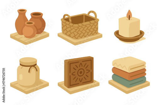 Artisan Shelf Icons. Handmade shelf isometric set. pottery row, woven basket, crafted candle, rustic jar, carved ornament, textile pile, artisan glass, clay bowl.