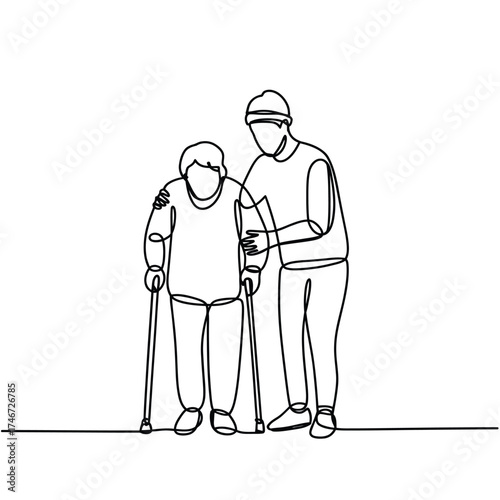 Elderly person with walking cane assisted by caregiver