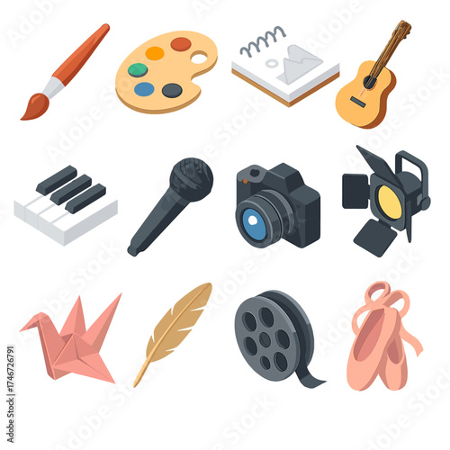 Creative Icon Set. Creative session isometric set. paintbrush, palette, sketchbook, guitar, piano keys, microphone, camera, stage spotlight, origami, quill, film reel, ballet shoes