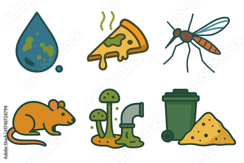 Contaminated Environment Icons. Environmental Infection flat icon set. dirty water droplet, spoiled food, mosquito, rat, mold, sewage pipe, garbage bin, contaminated soil.