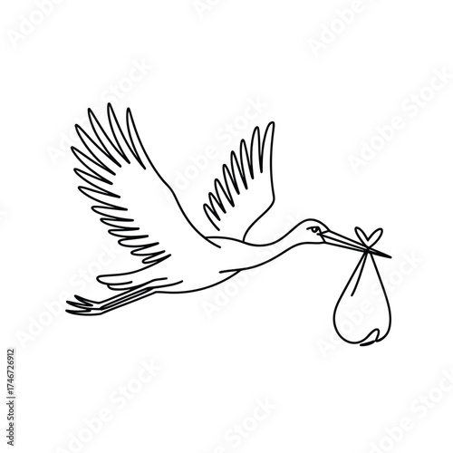 Stork flying with baby bundle in beak simple line art
