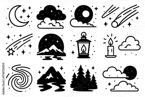 Starlit Midnight Magic. Midnight imagery outline set. crescent moon, starry sky, cloudy night, glowing orb, comet, shooting star, twilight horizon, night lantern, candle flame