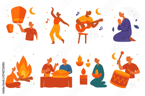 Colorful Festival Icons. Festival nights flat icon set. lantern night, dance night, music night, prayer night, fire night, feast night, light night, drum night.