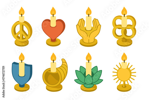 Symbolic Candle Holders. Symbolic holders isometric set. peace candle holder, love candle holder, gratitude candle holder, unity candle holder, protection candle holder, abundance