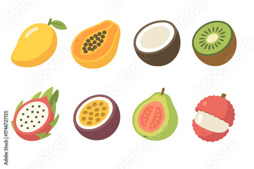 Tropical Fruits Icons. Tropical fruits isometric set. mango, papaya, coconut, kiwi, dragon fruit, passion fruit, guava, lychee.