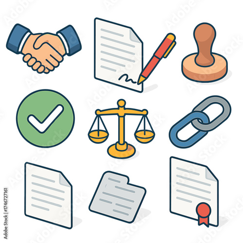 Agreement Icons Set. Agreement basics isometric set. handshake, contract paper, pen signing, approval stamp, checkmark, balance scale, linked chain, document with seal.