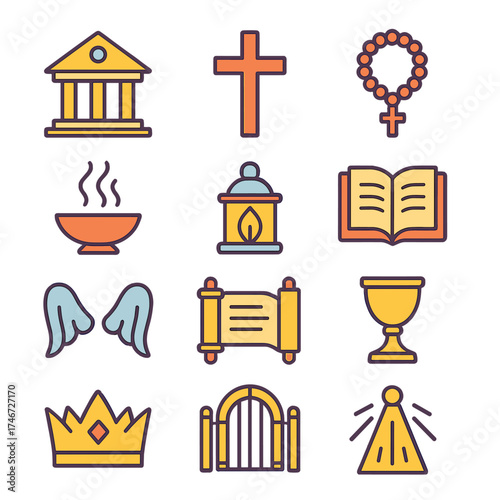 Sacred Symbols Collection. Sacred peace flat icon set. temple, cross, prayer beads, open book, incense, lantern, scroll, chalice, crown, angel wings, gate, light beam.