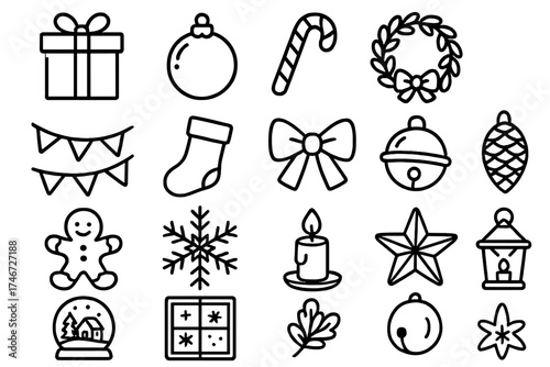Holiday Festive Icons. Holiday extras outline set. wrapped gift, ornament, candy cane, wreath, garland, stocking, festive bow, jingle bell, gingerbread man, snowflake, festive