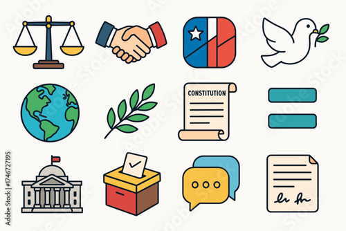 Political Icons Collection. Political neutrality isometric set. balance scales, handshake, divided flag, peace dove, globe, olive branch, constitution scroll, equal sign
