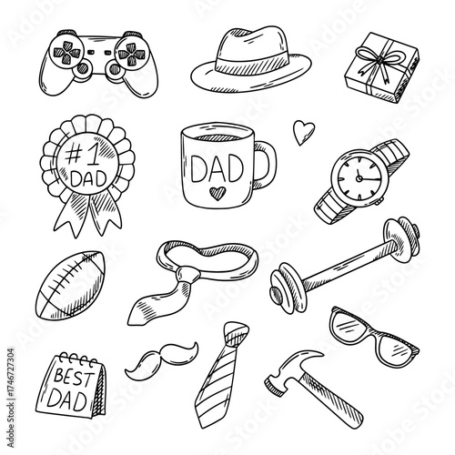 Set of vector elements for celebrating Father's Day. Hand drawn men's accessories on white background
