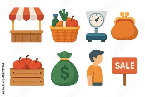 Isometric Marketplace Icons. Marketplace isometric set. tent stall, basket of goods, weighing scale, coin purse, fruit crate, money bag, customer, sale sign.