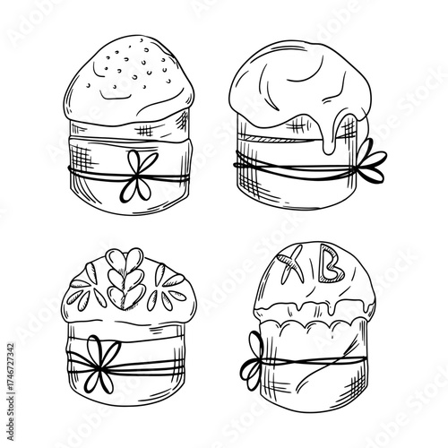 Set of traditional Easter cupcakes, hand drawn. Vector festive sphere. Suitable for culinary projects and decorative designs.