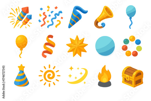 Modern Celebration Icons. Promotion extras isometric set. fireworks, confetti, streamer, festive horn, balloon, ribbon swirl, starburst, glowing orb, unity circle, party hat