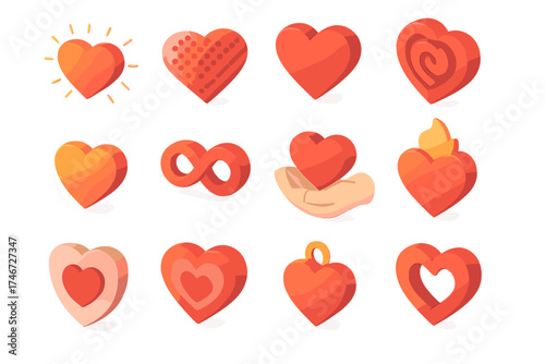Isometric Heart Icons. Heart symbols isometric set. radiant heart, dotted heart, striped heart, spiral heart, glowing heart, infinity heart, heart in hands, heart with flame, heart