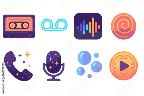Retro Voicemail Vector. Creative voicemail flat icon set. retro cassette tape, neon voicemail symbol, glowing soundwave, abstract spiral message, cosmic phone, starry mic, floating