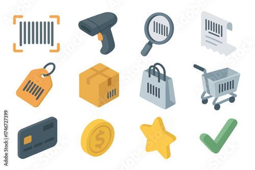 Barcode Scan Icons. Barcode scan isometric set. barcode, scanner, magnifying glass, receipt, price tag, package, shopping bag, cart, credit card, coin, star, checkmark.