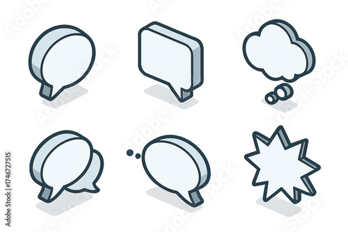 Isometric Talk Bubbles. Talk bubble isometric set. round speech bubble, square speech bubble, thought cloud, double dialogue, whisper bubble, loud shout bubble