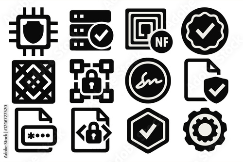 Tamperproof Tech Icons. Tamperproof Technology silhouette set. chip with shield, secure server seal, RFID tag, NFC seal, anti-clone hologram, blockchain lock, digital signature