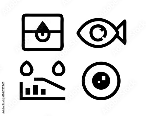 Medical icons representing ophthalmology, blood analysis, and fish eye