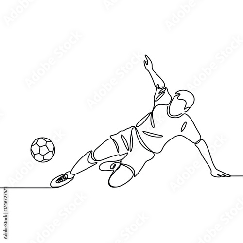 Dynamic line art soccer player kicking ball in motion