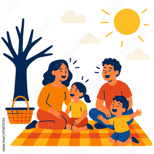 Family Picnic Bliss. Family gathering flat icon set. picnic basket, outdoor blanket, children playing, family tree, sunny sky, laughter lines