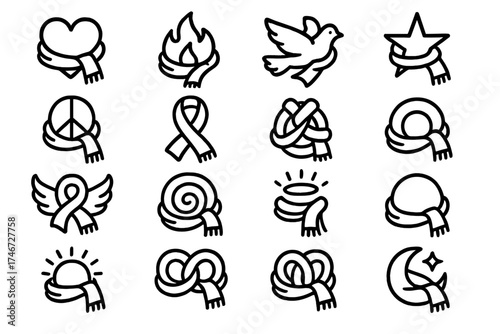 Iconic Scarf Designs. Symbolic outline icons. heart scarf, flame scarf, dove with scarf, star scarf, peace symbol scarf, ribbon scarf, knot scarf, infinity loop scarf, winged scarf