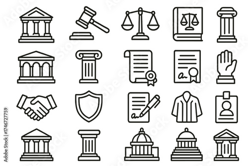 Legal Icons Collection. Legal Justice outline set. courthouse, gavel, balance scale, law book, judge bench, pillar, contract scroll, certificate, agreement pen, shield, courthouse