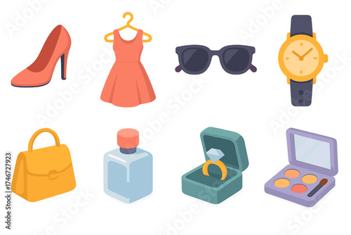Fashion Accessory Icons. Fashion finds isometric set. high heels, dress on hanger, sunglasses, watch, handbag, perfume bottle, jewelry box, makeup kit.