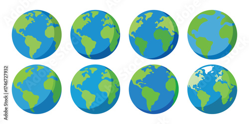 Set of eight stylized earth globes showing different continents and perspectives