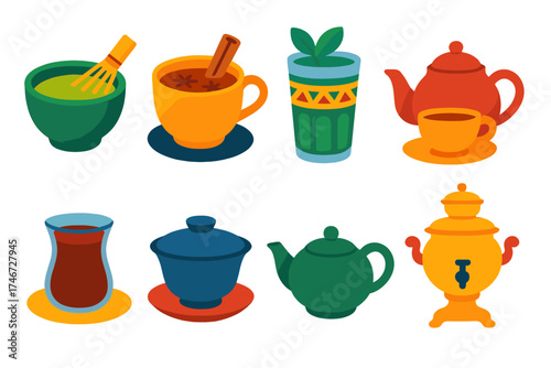 Global Tea Icons. Cultural teas flat icon set. matcha bowl, chai cup, Moroccan mint tea glass, English afternoon tea set, Turkish tea glass, Chinese gaiwan, Japanese teapot