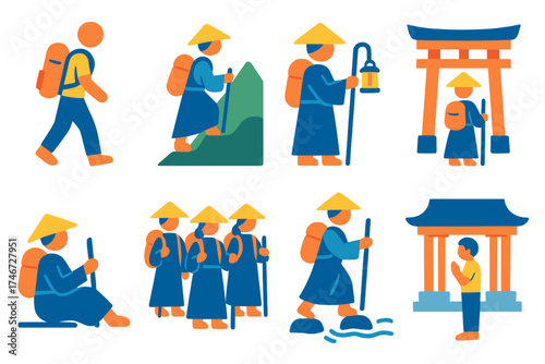 Journey Icon Collection. Journey icons flat icon set. traveler with bag, pilgrim on mountain path, pilgrim with lantern, pilgrim at shrine, resting pilgrim, group of pilgrims