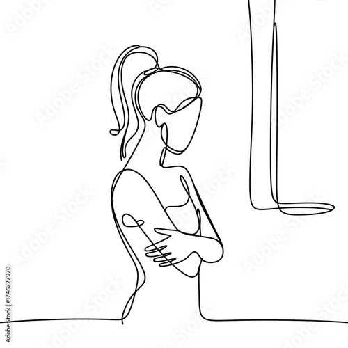 Minimalist continuous line drawing of a woman looking out a window