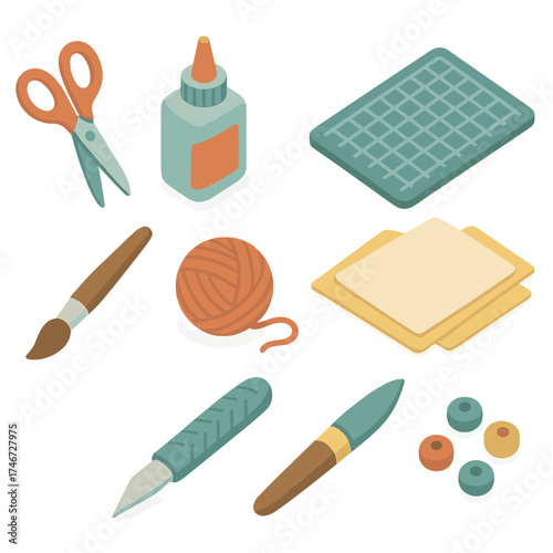 Craft Tool Icons. Craft table isometric set. scissors, glue bottle, cutting mat, paper sheets, paintbrush, yarn ball, craft knife, beads.