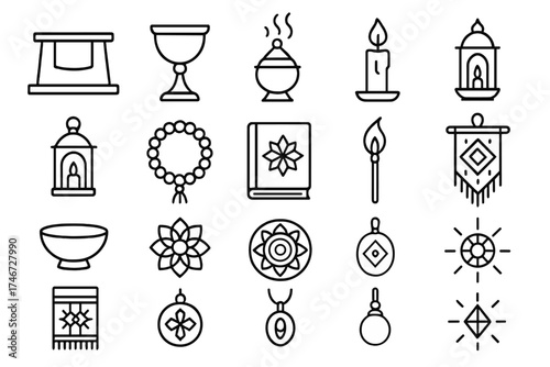 Ceremonial Black Line Art. Ceremonial items outline set. altar, chalice, incense burner, candle flame, lantern, prayer beads, sacred book, staff with flame, offering bowl, mandala