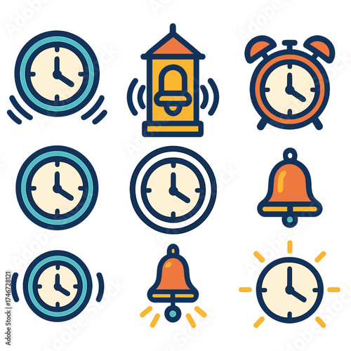 Clock Icons Series. Hour strike flat icon set. analog clock, bold clock hands, clock with bell sound, tower chime, alarm ringing, clock with echo, striking bell, clock glow.