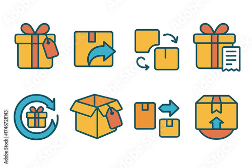 Modern Gift Exchange Icons. Swap present flat icon set. present with return tag, package with arrow, exchange icon, gift and slip, circular return, open box with tag, trade package