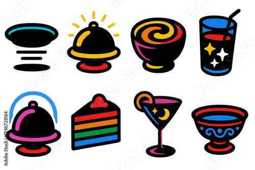 Brutalist Icon Set. Creative serving silhouette set. floating tray, glowing platter, abstract swirl bowl, starry drink, neon cloche, rainbow cake slice, cosmic cocktail, ornate