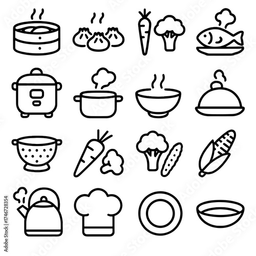 Steaming Food Icons. Food Steaming outline set. bamboo steamer, dumplings, vegetables, fish, rice cooker, boiling pot, soup bowl, steam cloud, lid, colander, carrot, broccoli, corn