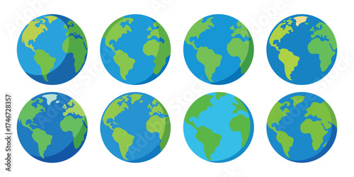 Eight oval shaped earth globe illustrations showing different continents and ocean views